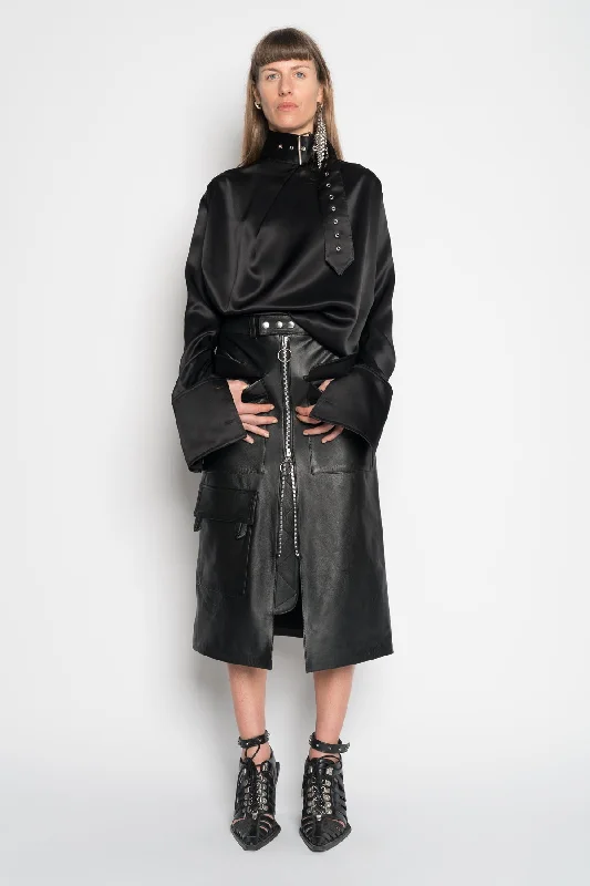 BLACK MIDI LEATHER SKIRT