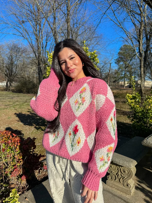 Pink Vintage Flower Knit Sweater