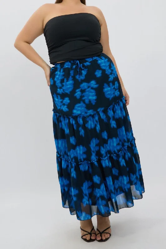 Blue Abstract Elastic Waist Tie Front Maxiskirt