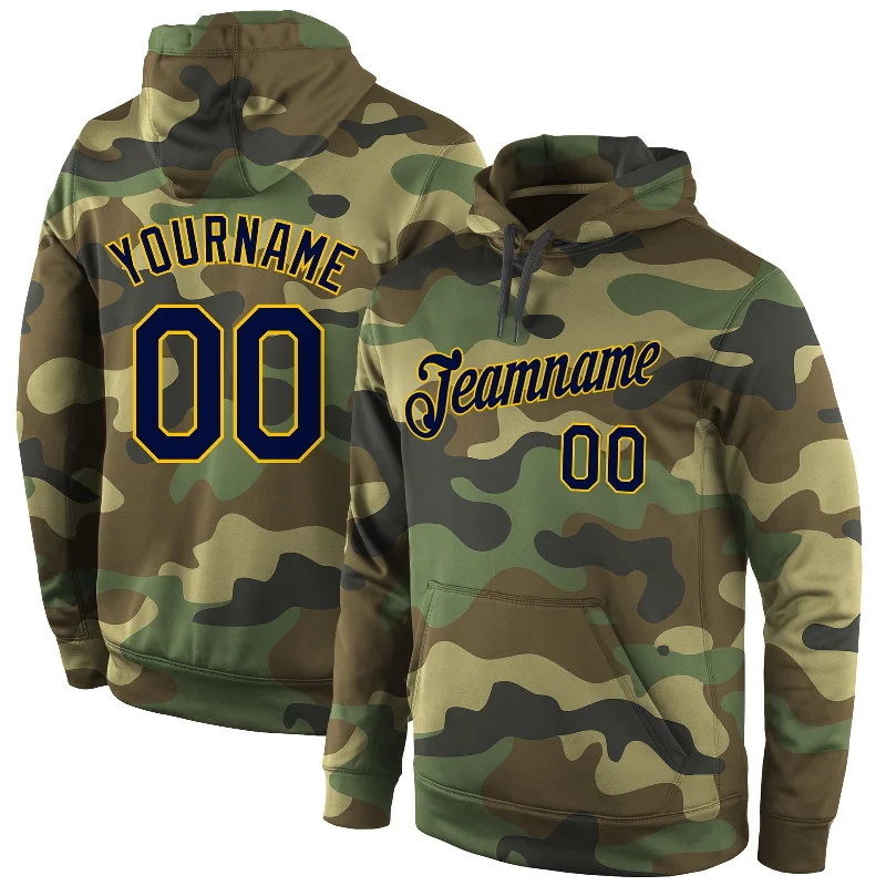 Custom Stitched Camo Navy-Gold Sports Pullover Sweatshirt Salute To Service Hoodie