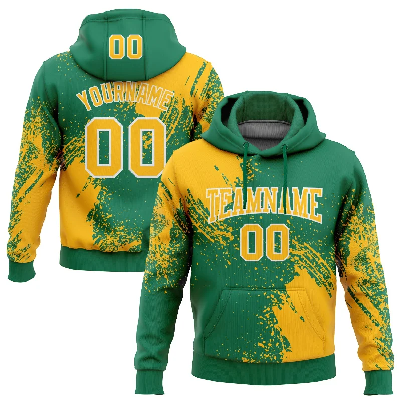 Custom Stitched Kelly Green Gold-White 3D Pattern Design Abstract Brush Stroke Sports Pullover Sweatshirt Hoodie