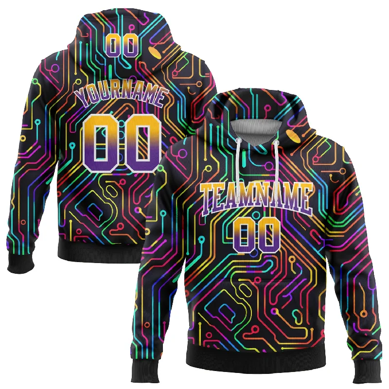 Custom Stitched Black Gold-Purple Fade 3D Pattern Design Colorful Line Shapes Sports Pullover Sweatshirt Hoodie