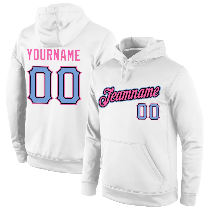 Custom Stitched White Light Blue-Pink Sports Pullover Sweatshirt Hoodie