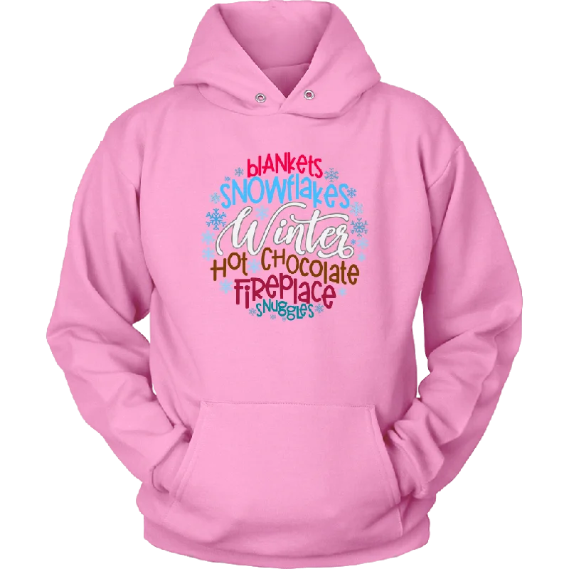 WINTER; Blankets, Snowflakes. Hot Chocolate, Fireplace, Snuggles Unisex HOODIE