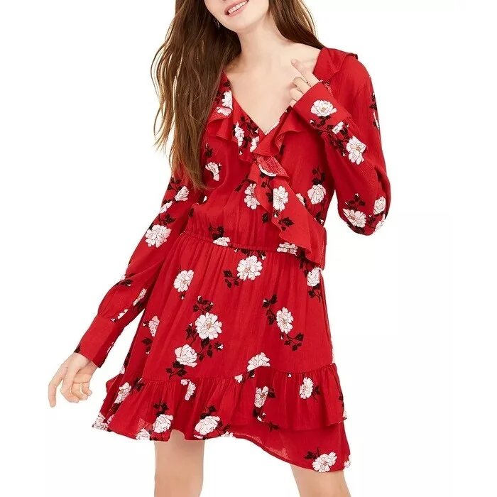 American Rag Juniors' Floral Faux Wrap Dress Red Size Medium