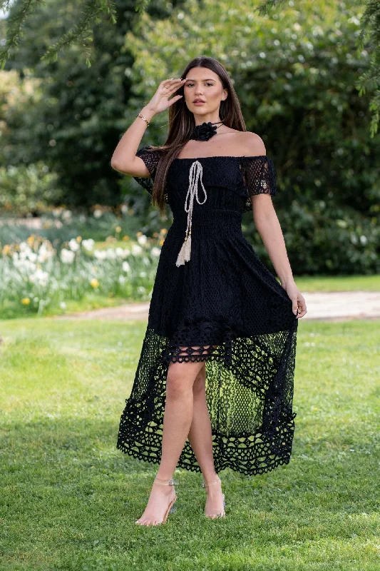 Black Boho Lace Bardot Dress