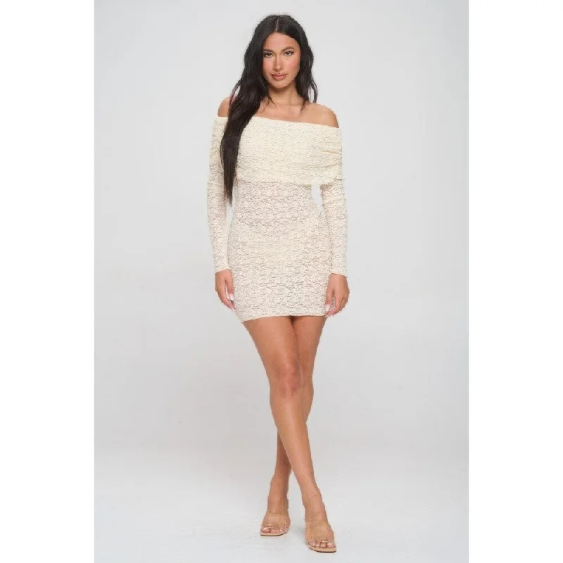 Cream Nylon Off Shoulder Lace Dress