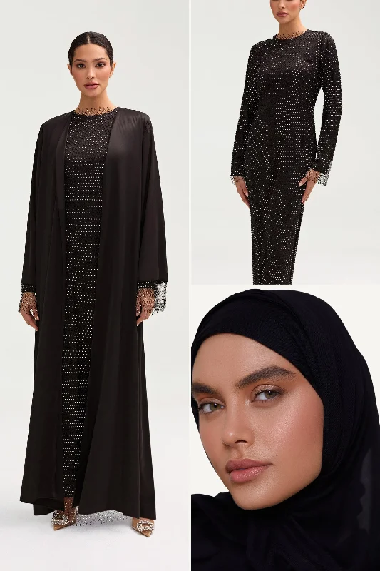 Crystal Satin Abaya & Dress Set & Matching Hijab in Black Bundle Set