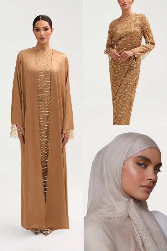 Crystal Satin Abaya & Dress Set & Matching Hijab in Champagne Bundle Set