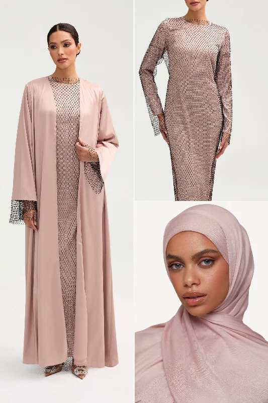 Crystal Satin Abaya & Dress Set & Matching Hijab in Pink Jasmine Bundle Set