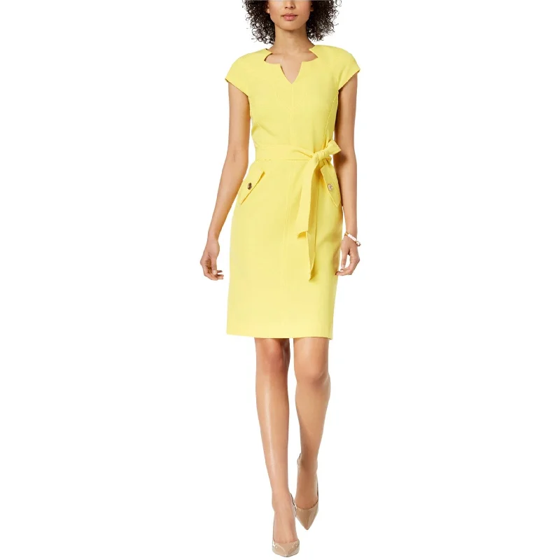 Kasper Womens Solid Belted Sheath Dress, Yellow, 18