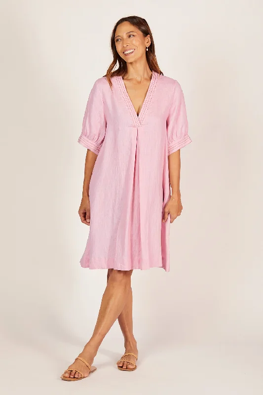 Kora A-Line Puff Sleeve Linen Dress in Peony