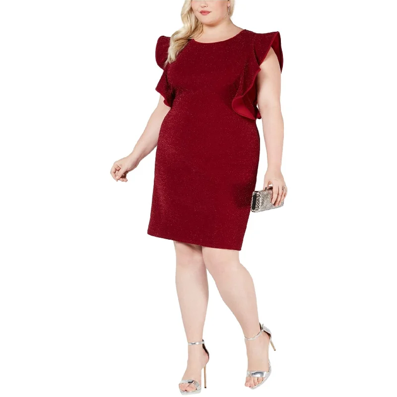 Love Squared Womens Glitter Ruffled Sheath Dress, Red, 1X