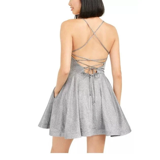 Speechless Juniors' Shimmer Lace-Back Dress Silver Size 5