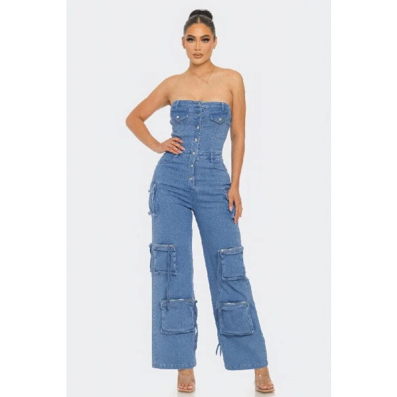 Strapless Neckline front Button Closure Stretch Denim Jumpsuit