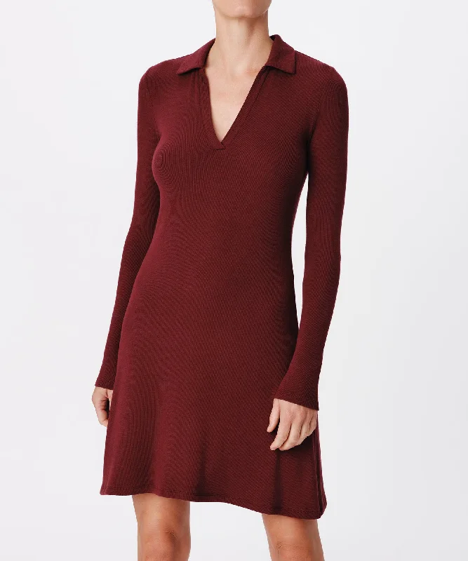 Modal Rib Split Neck Dress - Merlot