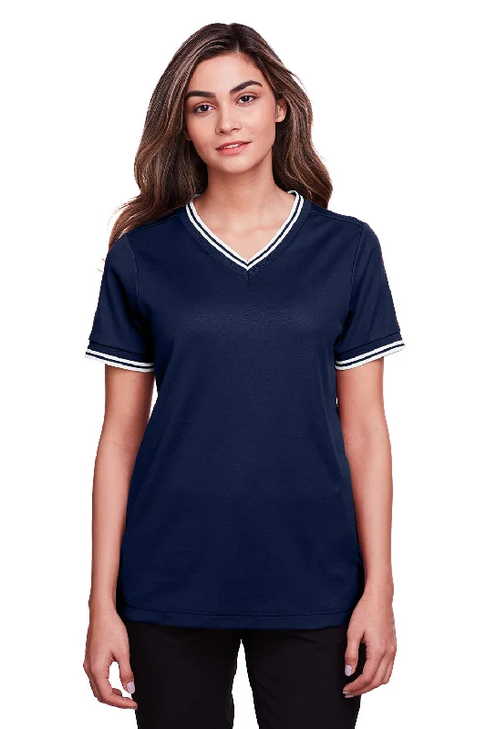 Devon & Jones Womens CrownLux Performance Moisture Wicking Short Sleeve Polo Shirt - Navy Blue/White