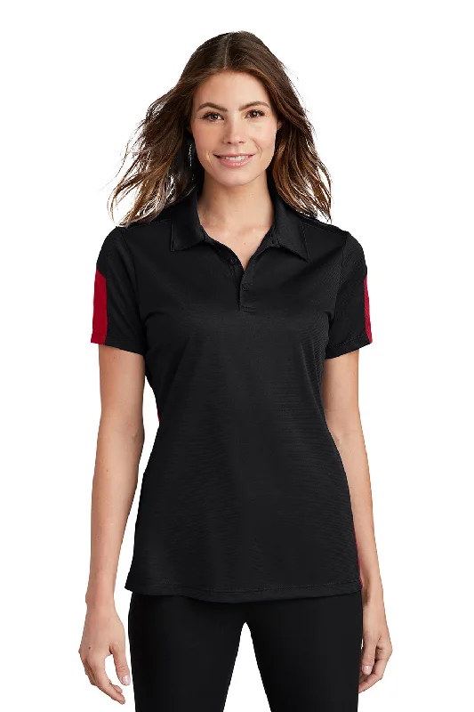 Sport-Tek Womens Active Mesh Moisture Wicking Short Sleeve Polo Shirt - Black/True Red