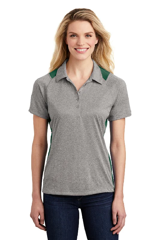 Sport-Tek Womens Heather Contender Moisture Wicking Short Sleeve Polo Shirt - Heather Vintage Grey/Forest Green