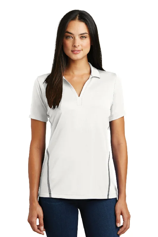 Sport-Tek Womens Tough Moisture Wicking Short Sleeve Polo Shirt - White/Heather Grey - Closeout