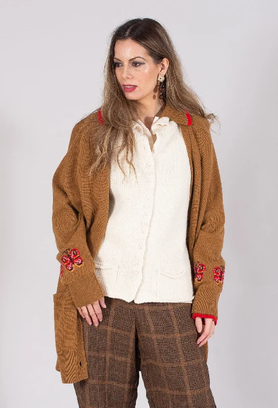 Blended Cashmere Cardigan with Embroidery Detail in Brown