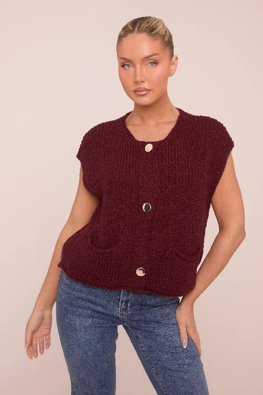 Burgundy Knit Button Up Sleeveless Cardigan - Sally