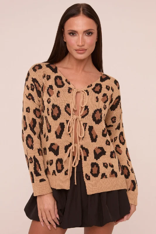 Camel Knit Leopard Print Tie Front Detail Long Sleeves Cardigan - Corey