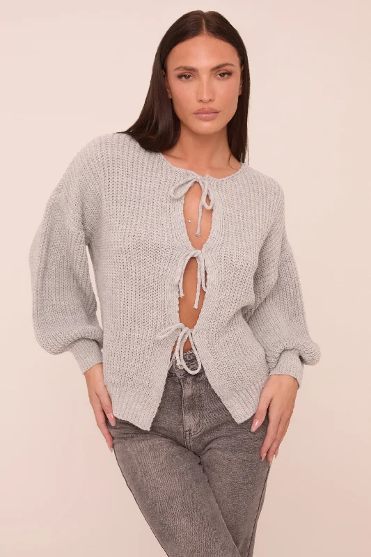 Grey Knit Tie Front Detail Long Sleeves Cardigan - Ava