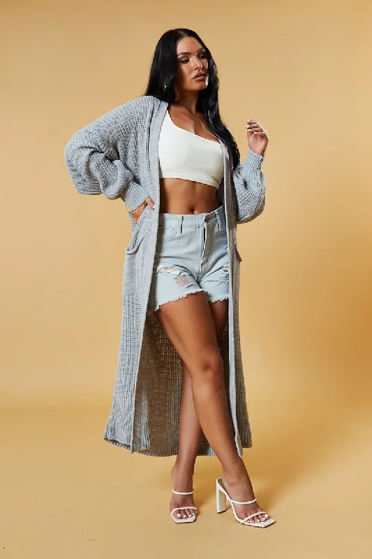 Light Grey Longline Knit  Maxi Cardigan - Ema