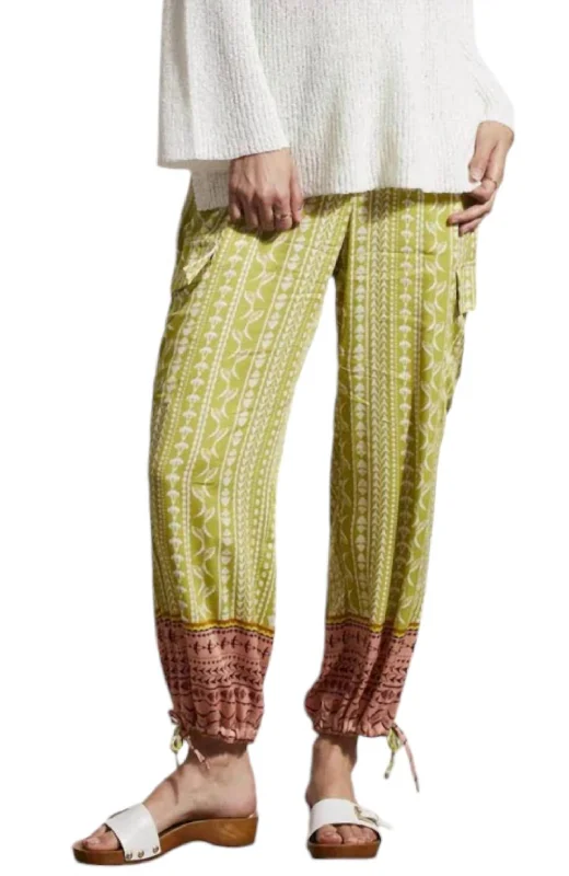 Border Print Cargo Pants In Green/brown